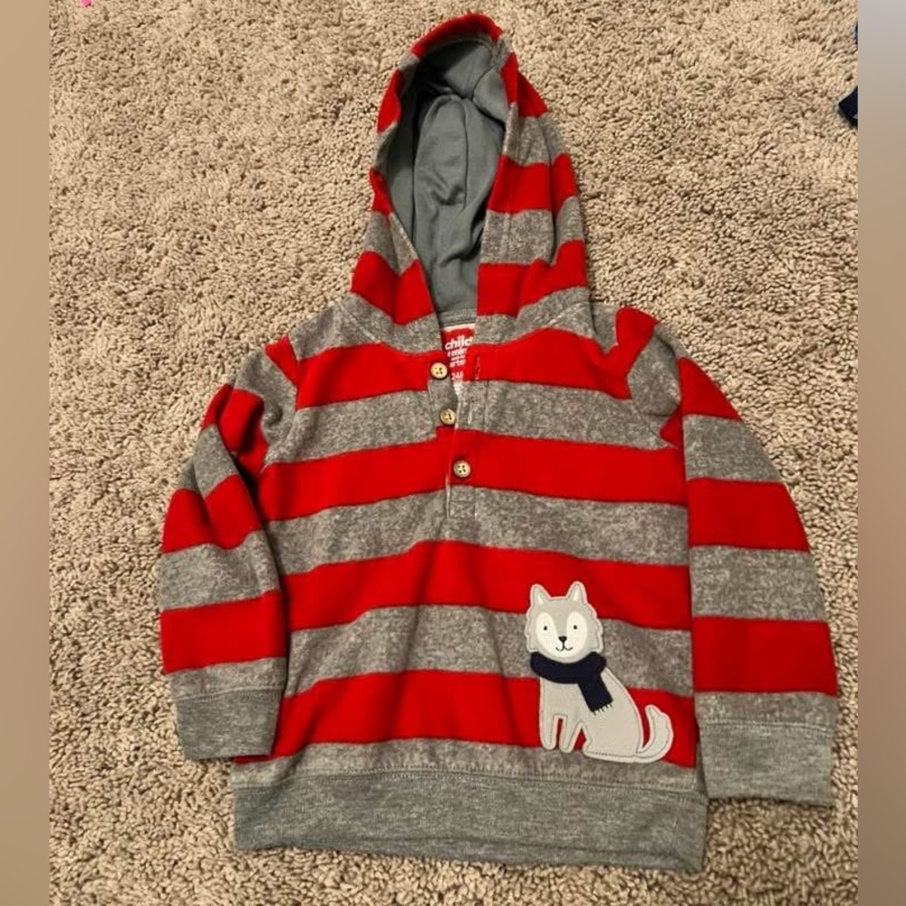 Carter's Red and Gray Striped Hoodie with Dog Patch